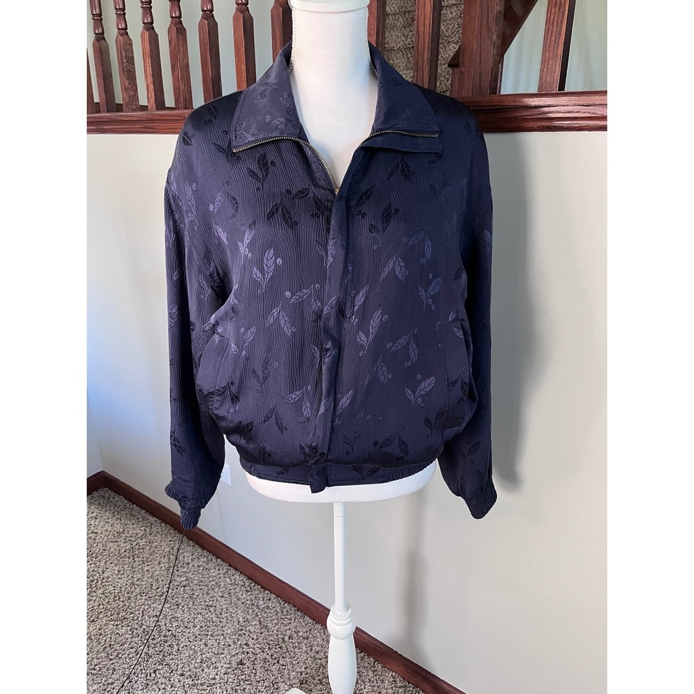 Fuda International Navy Blue 100% Silk Jacquard Leaf Bomber Jacket Womens Medium